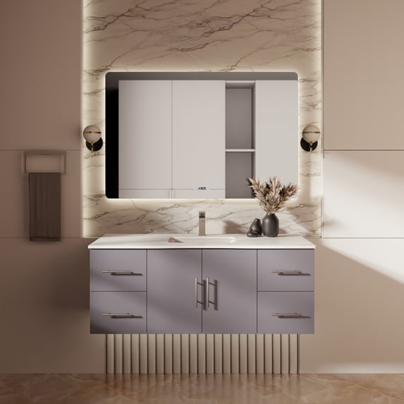 Geneva 48 in. W Dark Grey Bath Vanity, White Quartz Top, and Faucet Set