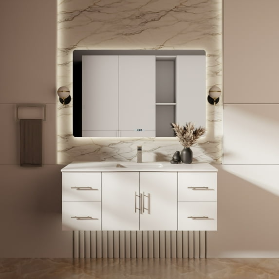 Geneva 48 in. W Glossy White Bath Vanity, White Quartz Top, and 48 in. LED Mirror