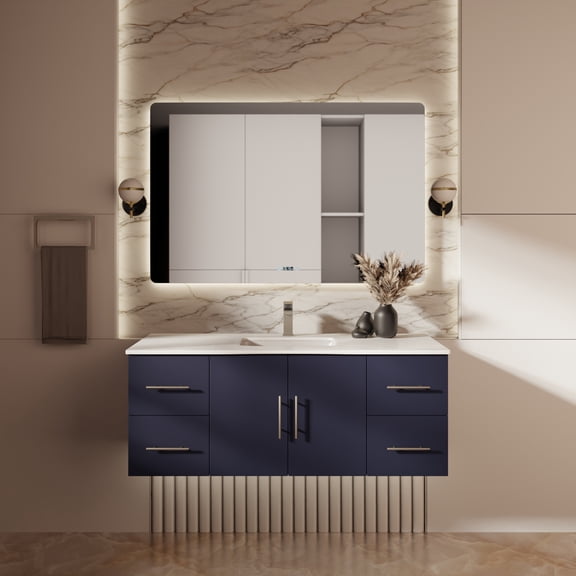 Geneva 48 in. W x 22 in. D Navy Blue Bath Vanity, Cultured Marble Top, and 48 in. LED Mirror