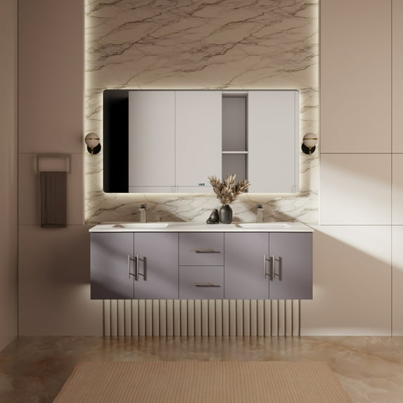 Geneva 60 in. W Dark Grey Double Bath Vanity and White Quartz Top