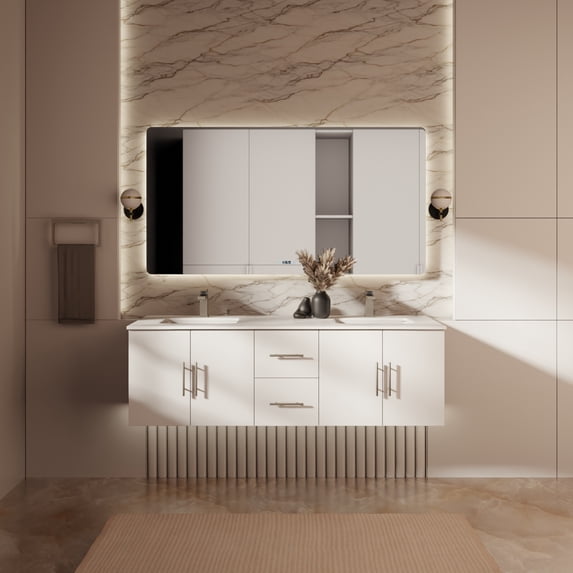 Geneva 60 in. W x 22 in. D Glossy White Double Bath Vanity, Cultured Marble Top, and 60 in. LED Mirror