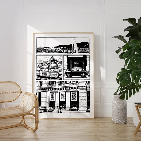 Geneva City Retro Comic Print, Unframed Paper Poster 8x10in