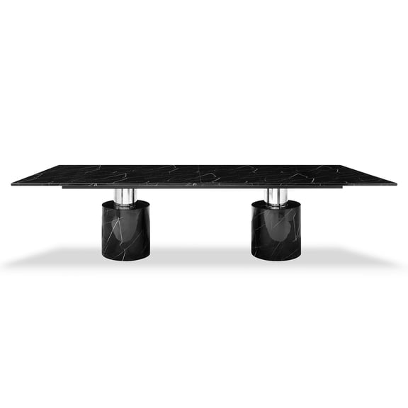 Geneva Extra Large Dining Table, Black Marble Glossy Top, Include 5 mm Glass; Base: Polished Stainless Steel & Marble Glossy