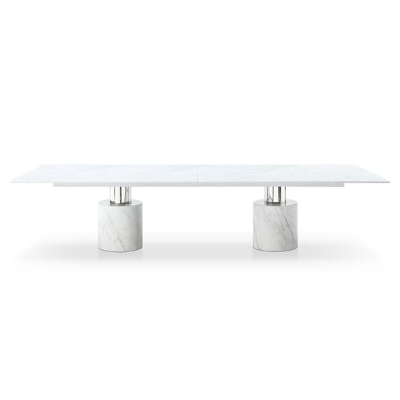 Whiteline Modern Living Geneva Extra Large Dining Table, White Marble Glossy Top, Include 5 mm Glass; Base: Polished Stainless Steel & Marble Glossy