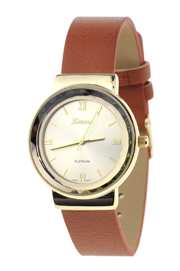 Japanese Movement Stainless Steel Back Casual Tan Faux Leather Strap Watch