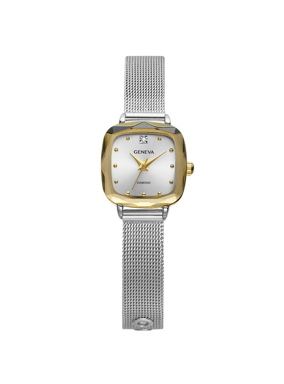 Geneva Ladies 22mm Silver & Gold Tone Genuine Diamond Dial Adjustable Mesh Watch