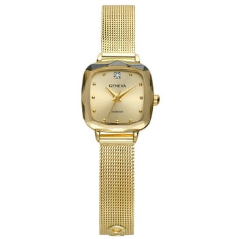 Geneva Ladies Genuine Diamond Dial 22mm Gold Tone Cushion Shape Faceted Bezel Mesh Watch