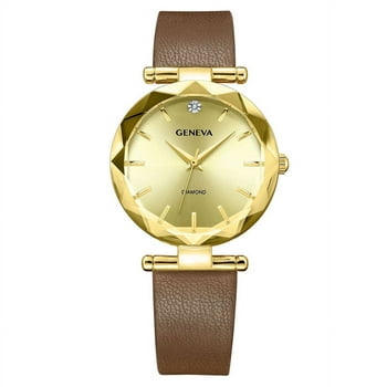 Geneva Ladies Genuine Diamond Dial 32mm Gold Tone Faceted Bezel Sunray Dial Brown Strap Watch