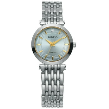 Geneva Ladies Genuine Diamond Dial 32mm Silver Tone Etched Light Blue Dial Bracelet Watch