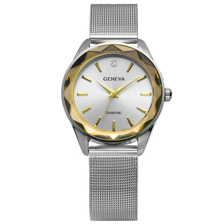 Geneva Ladies Genuine Diamond Dial 34mm Silver Tone Gold Faceted Bezel Adjustable Mesh Watch Walmart