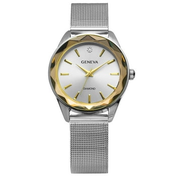 Geneva Ladies Genuine Diamond Dial 34mm Silver Tone Gold Faceted Bezel Adjustable Mesh Watch