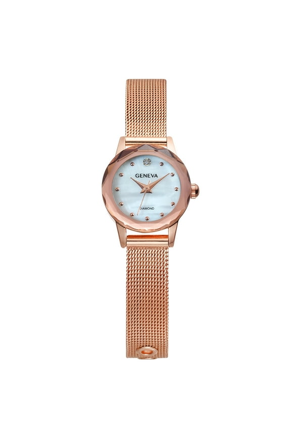 Ladies Rose Gold Tone 22mm Genuine Diamond Faceted Bezel Brown Strap Watch