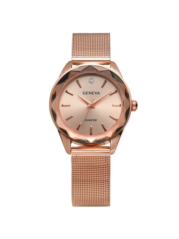Ladies Rose Gold Tone 34mm Genuine Diamond Faceted Bezel Adjustable Mesh Watch