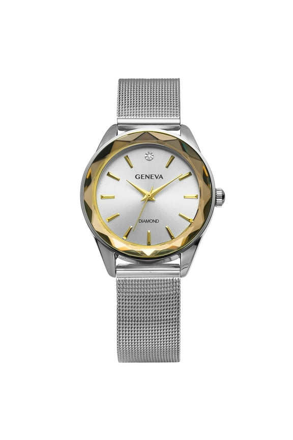 Ladies Silver Tone Tone 34mm Genuine Diamond Faceted Bezel Adjustable Mesh Watch