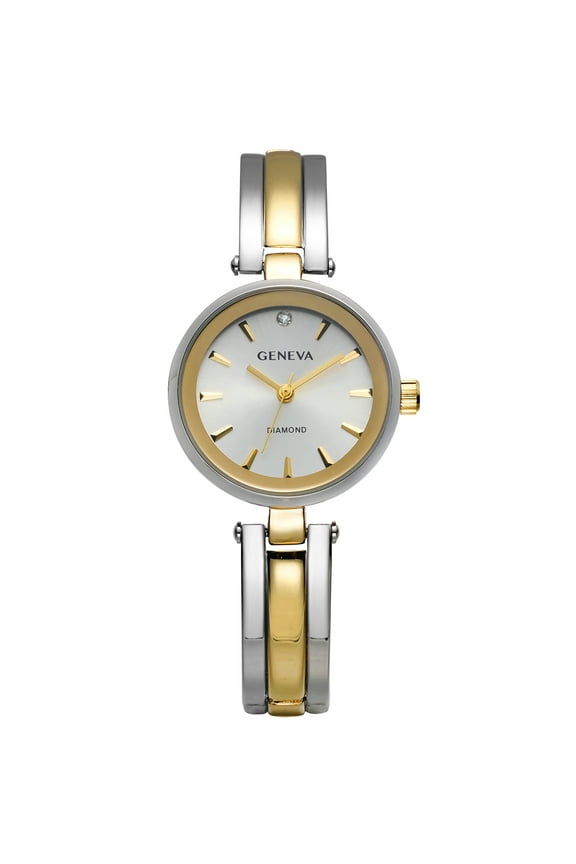 Ladies Two Tone Tone 31mm Genuine Diamond Metalized Glass Bezel Adjustable Bangel Watch
