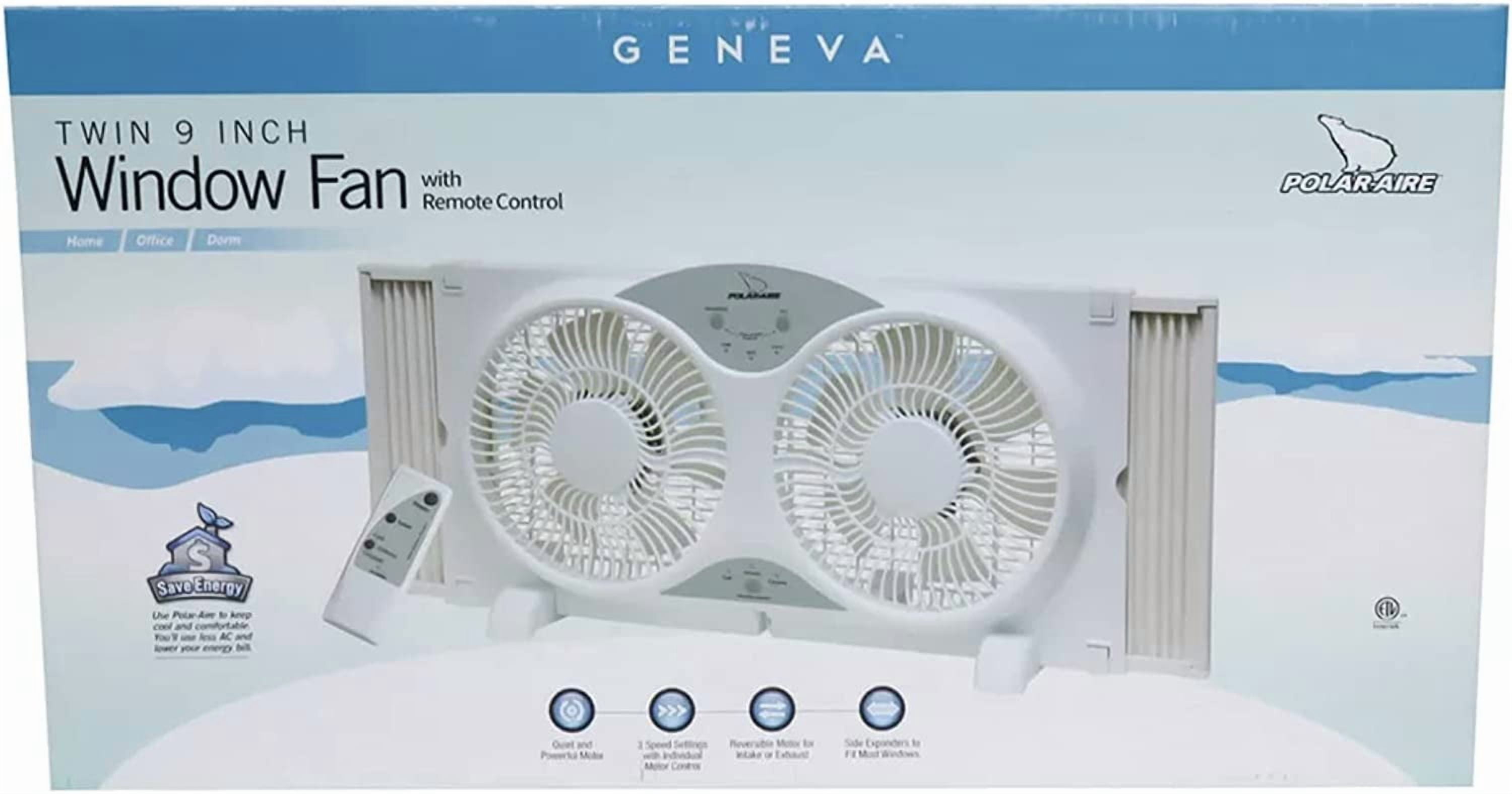 Polar Air Window Fan, 3-Speed 3-Function Expandable Reversible, Twin 9 inch with Remote Control
