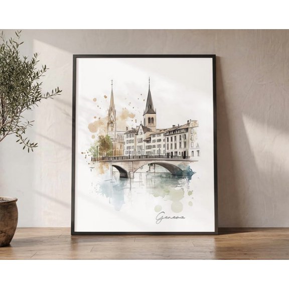 Geneva Switzerland Skyline Poster, Refined Decorative Theme For Office And Gallery Wall Decor