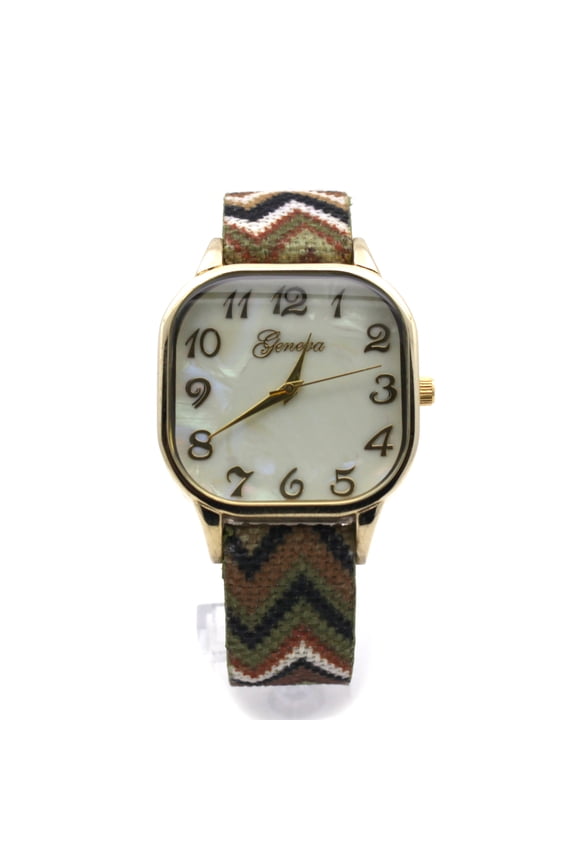 Tribal Pattern Weave Buckle Band Rectangle Analog Wrist Watch Gold Army Green