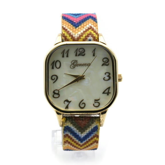 Geneva Tribal Pattern Weave Buckle Band Rectangle Analog Wrist Watch Gold Yellow