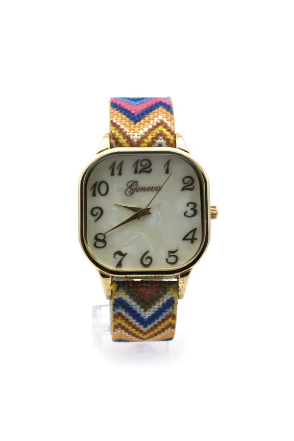 Tribal Pattern Weave Buckle Band Rectangle Analog Wrist Watch Gold Yellow