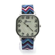 Geneva Tribal Pattern Weave Buckle Band Rectangle Analog Wrist Watch Silver Blue