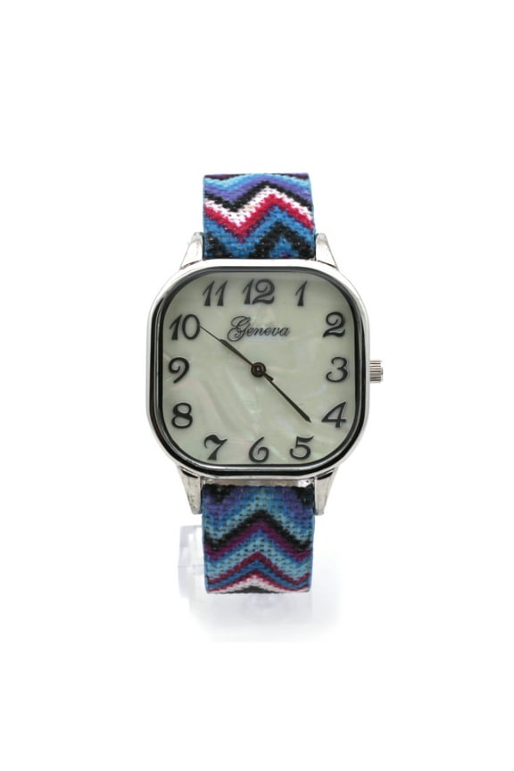 Tribal Pattern Weave Buckle Band Rectangle Analog Wrist Watch Silver Blue