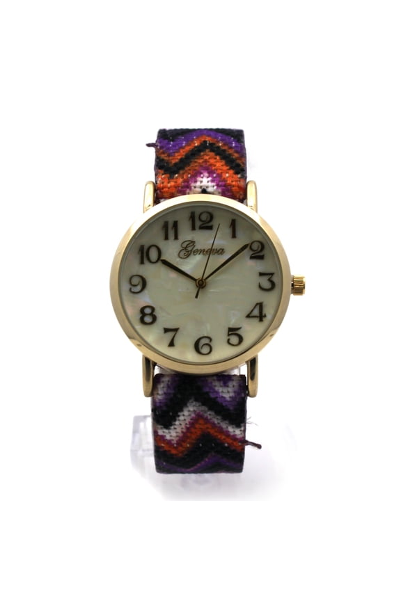 Tribal Pattern Weave Buckle Band Round Analog Wrist Watch Gold Purple