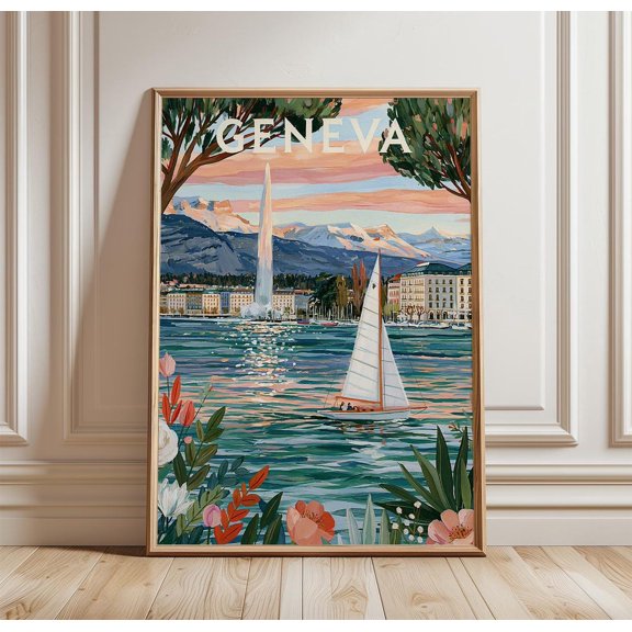 Geneva Watercolour River Boat Print Bridge Wall Art, Unframed Paper Print