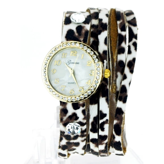 Geneva White Leopard Leather Bracelet Rhinestone Round Analog Quartz Wrist Watch