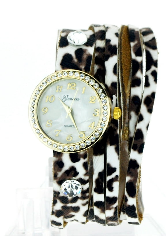 White Leopard Leather Bracelet Rhinestone Round Analog Quartz Wrist Watch