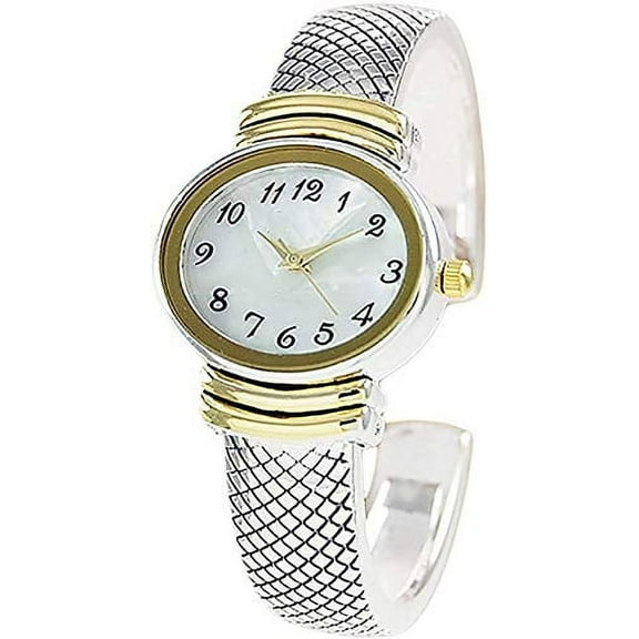 Geneva Women's Elegant Snakeskin Style Metal Bangle Cuff Fashion Watch QRTZ (Two Tone)