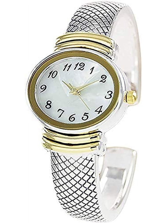 Women's Elegant Snakeskin Style Metal Bangle Cuff Fashion Watch QRTZ (Two Tone)