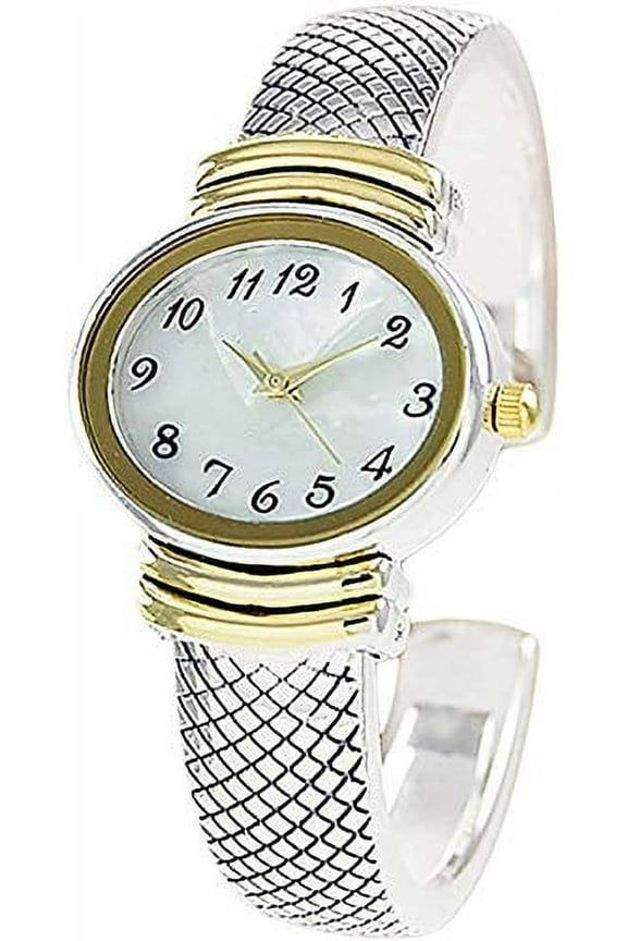 Women's Elegant Snakeskin Style Metal Bangle Cuff Fashion Watch QRTZ (Two Tone)