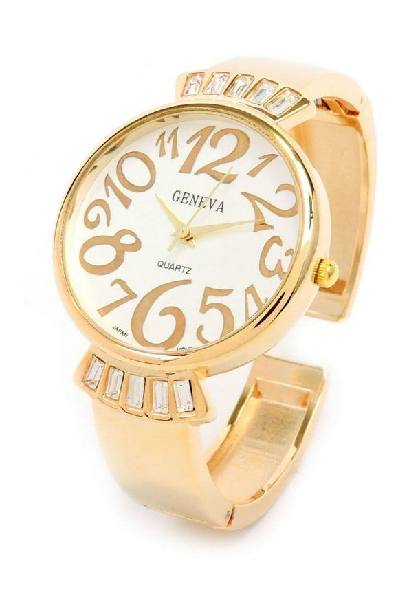 Women's Gold Metal Bangle Cuff Wristwatch, Gold