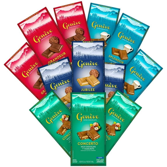 Geneve Premium Real Swiss Chocolate Bars 3.5oz 12 Bar Variety Pack- Milk Chocolate, Milk Chocolate with Hazelnuts, Milk Chocolate with Praline, Dark Chocolate with Praline