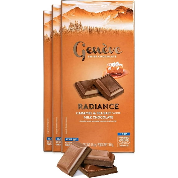 Geneve Radiance, Caramel & Sea Salt Milk Chocolate, 3.5oz (3 Pack) | Rich & Creamy Swiss Chocolate | All Natural | Certified Kosher