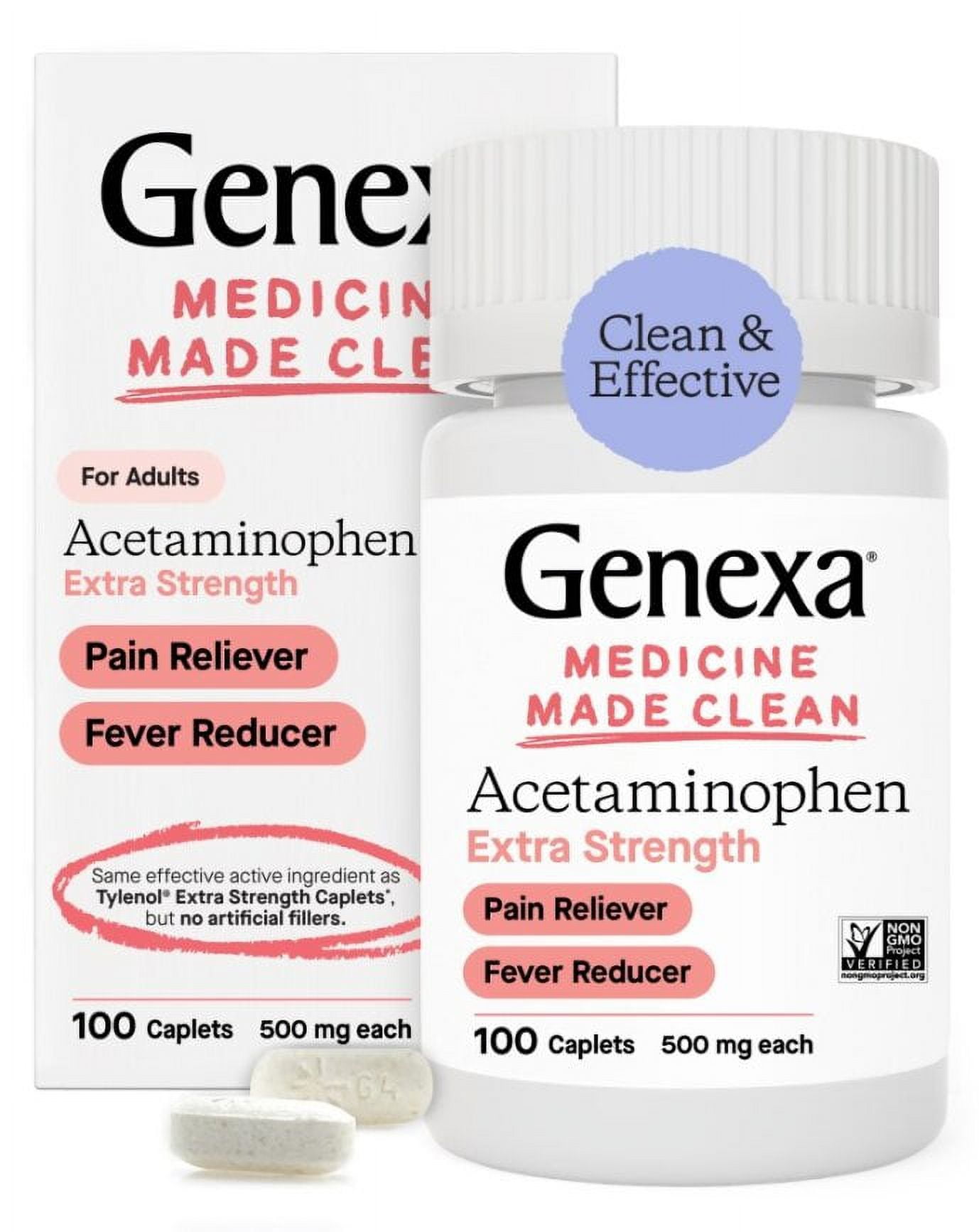 Genexa Acetaminophen 500mg Extra Strength Pain Reliever & Fever Reducer Caplets, 100 Count