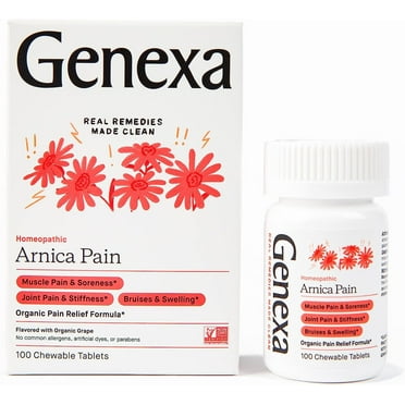 Genexa Arnica Tablets for Pain Relief Formula | Alleviate Muscle & Joint Pain, Soreness, & Stiffness | Delicious Organic Grape Flavor | Homeopathic Remedy Made Clean | 100 Chewable Tablets