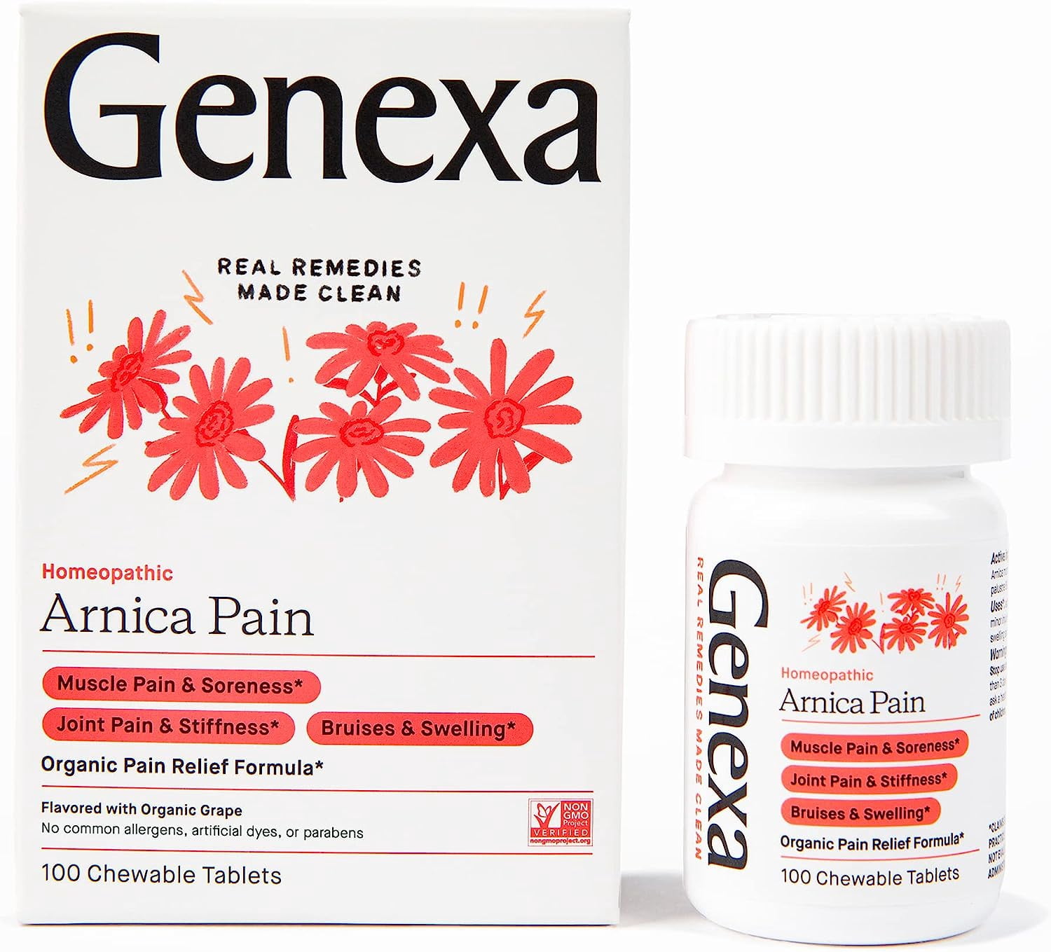 Genexa Arnica Tablets for Pain Relief Formula | Alleviate Muscle & Joint Pain, Soreness, & Stiffness | Delicious Organic Grape Flavor | Homeopathic Remedy Made Clean | 100 Chewable Tablets