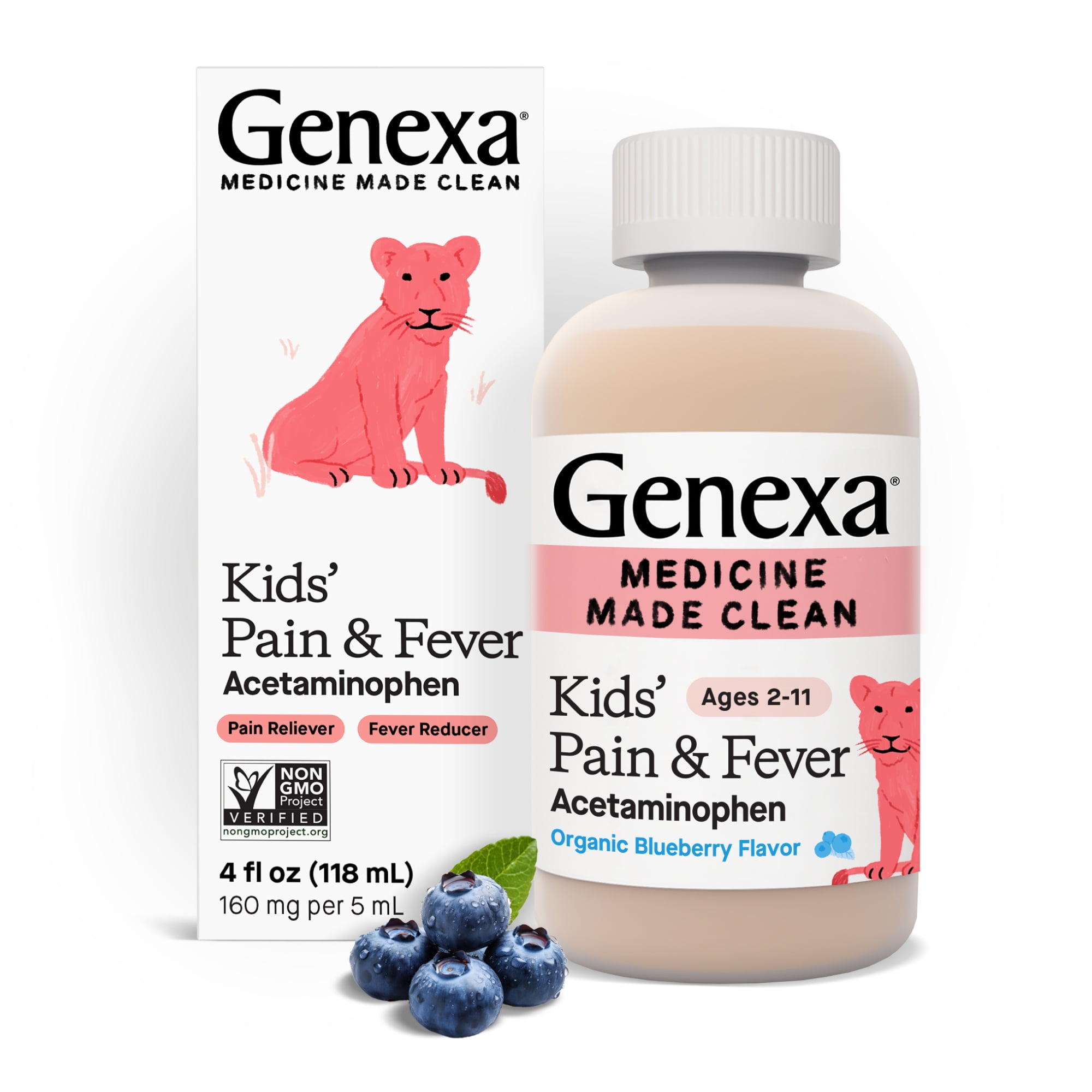 Genexa Kids’ Pain & Fever Acetaminophen, Zero Artificial Additives, Blueberry, 4 fl oz
