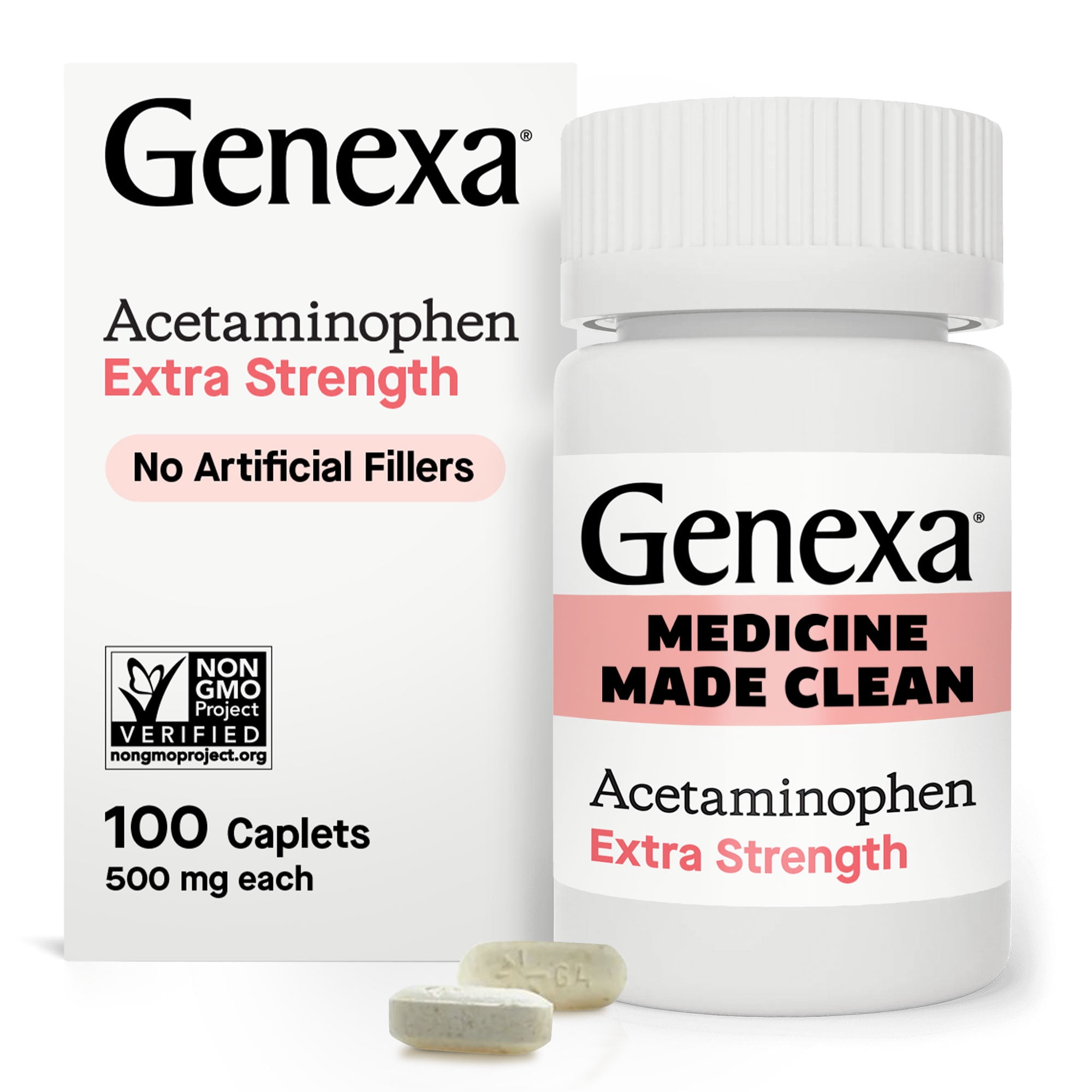 Genexa Clean Acetaminophen Extra Strength Pain Relief, Dye Free, 500mg Caplets, 100 ct