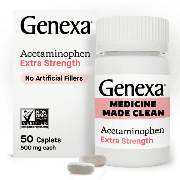 Genexa Clean Acetaminophen Extra Strength Pain Relief, Dye Free, 500mg Caplets, 50 ct