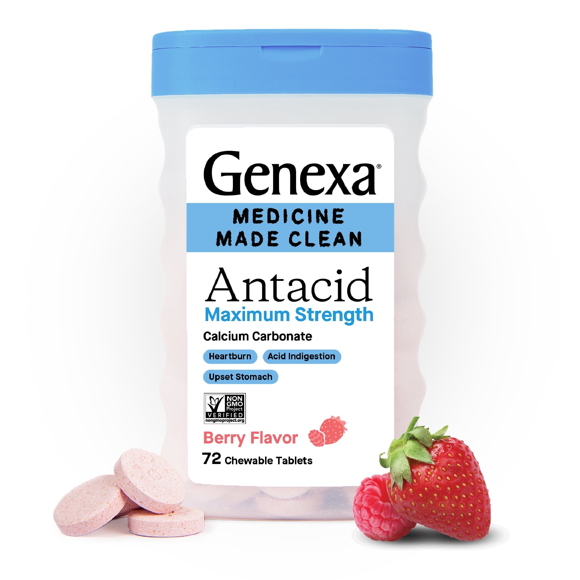 Genexa Clean Antacid Maximum Strength Chewable Tablets, Dye Free, 0% Artificial Additives, Calcium Carbonate Relief for Heartburn, Acid Indigestion, & Upset Stomach, Organic Berry Flavor, 72 ct