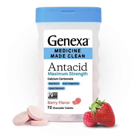 Genexa Clean Antacid Maximum Strength Chewable Tablets, Dye Free, 0% Artificial Additives, Calcium Carbonate Relief for Heartburn, Acid Indigestion, & Upset Stomach, Organic Berry Flavor, 72 ct