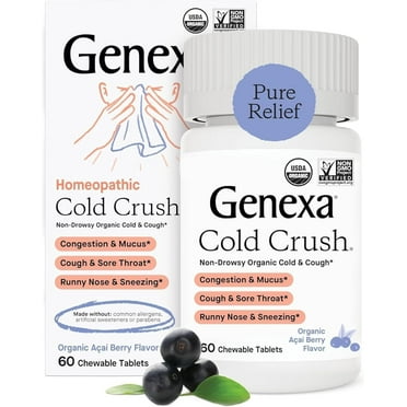 Genexa Cold Crush | Multi-Symptom Cough & Cold Relief for Adults | Delicious Organic Acai Berry Flavor | Certified Organic & Non-GMO | Homeopathic Remedy Made Clean | 60 Chewable Tablets