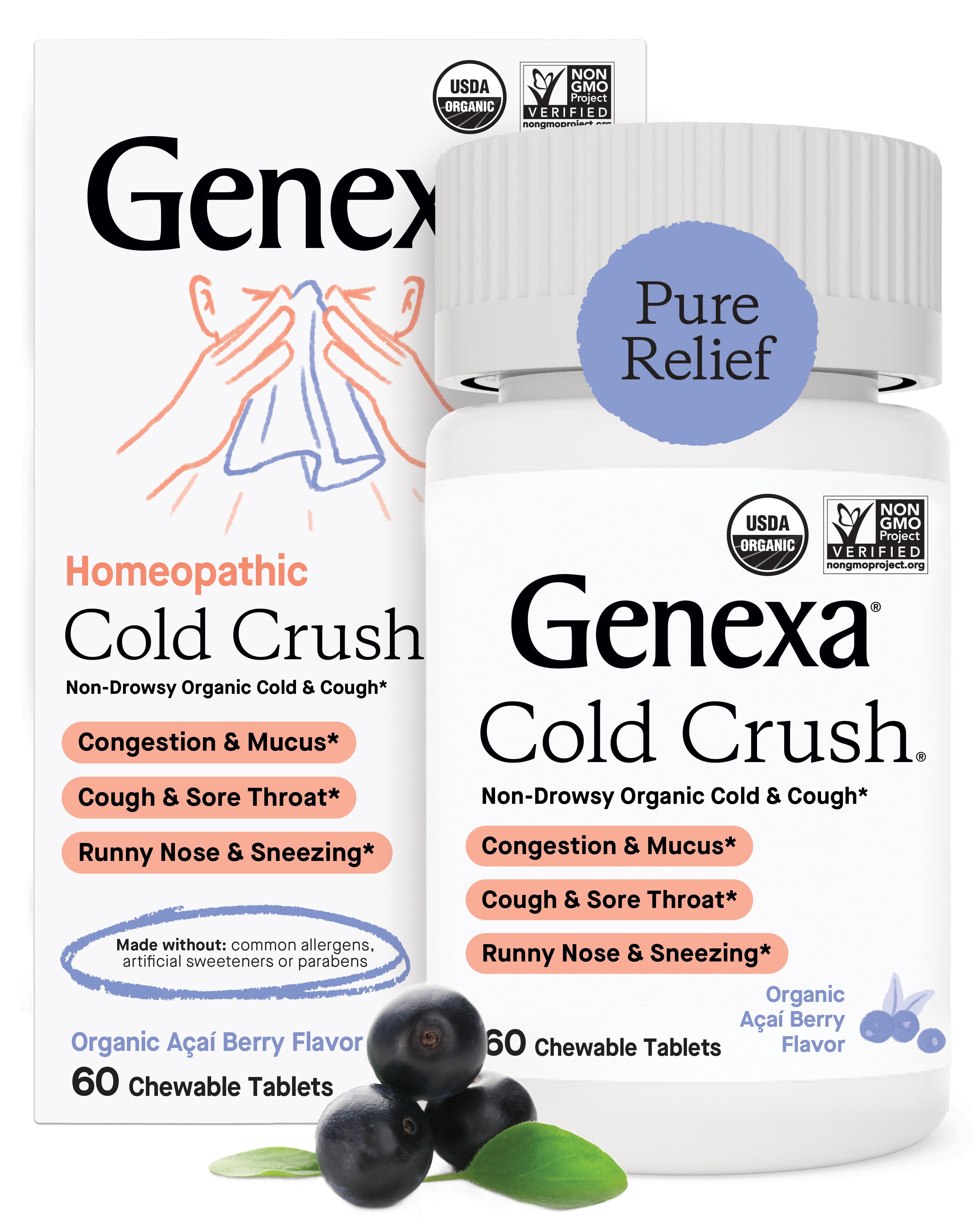 Genexa Cold Crush MultiSymptom Cough & Cold Relief for Adults Delicious Organic Acai Berry