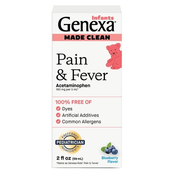 Genexa Infants Clean Pain & Fever Acetaminophen, Dye Free, Organic Blueberry, 2 fl oz