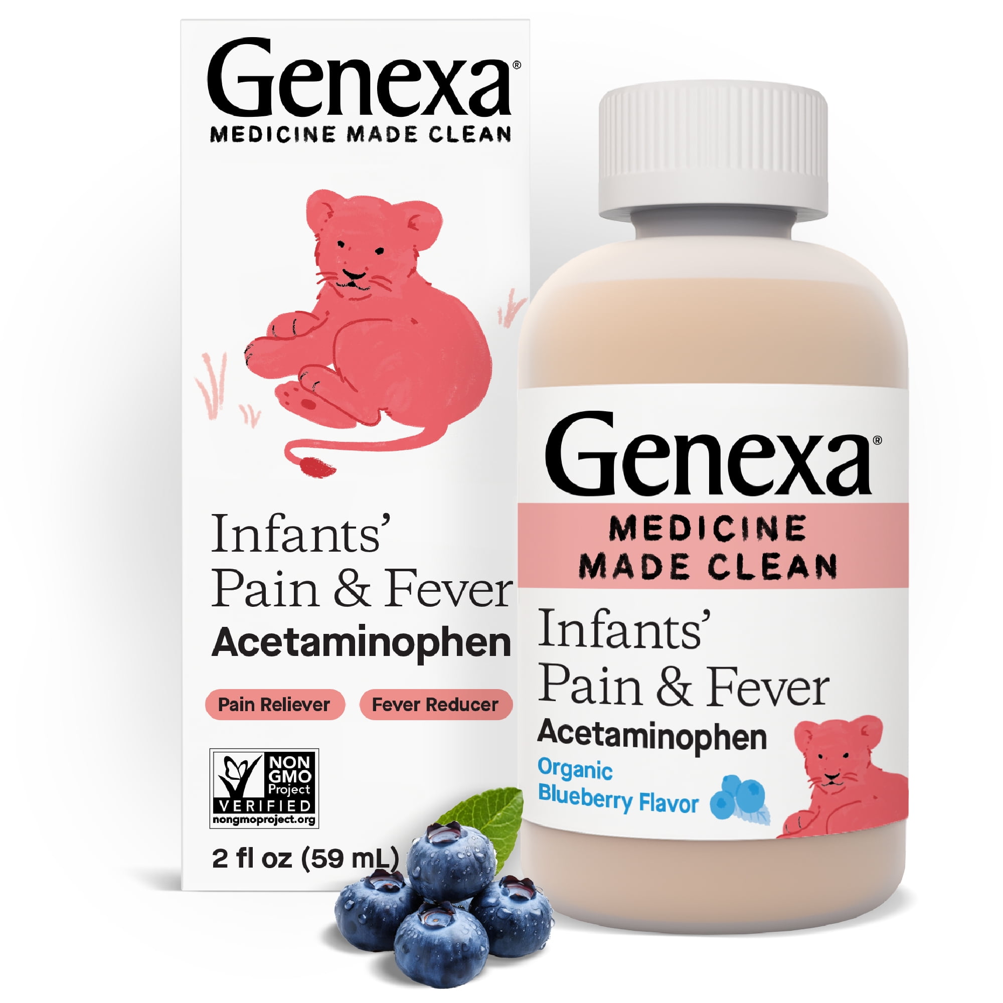 Genexa Infants Clean Pain & Fever Acetaminophen, Dye Free, Organic Blueberry, 2 fl oz