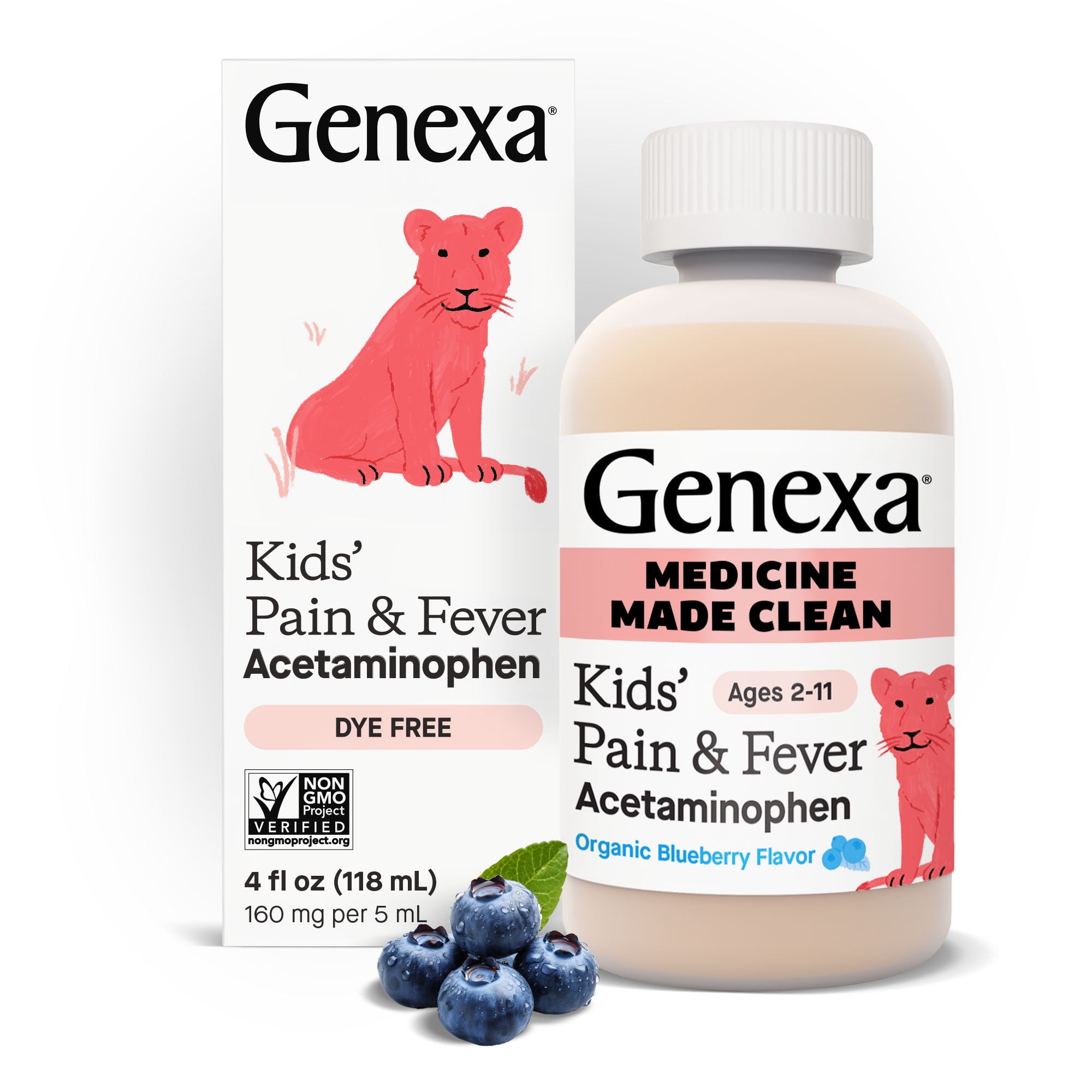 Genexa Kids Clean Pain & Fever Acetaminophen, Dye Free, Organic Blueberry, 4 fl oz