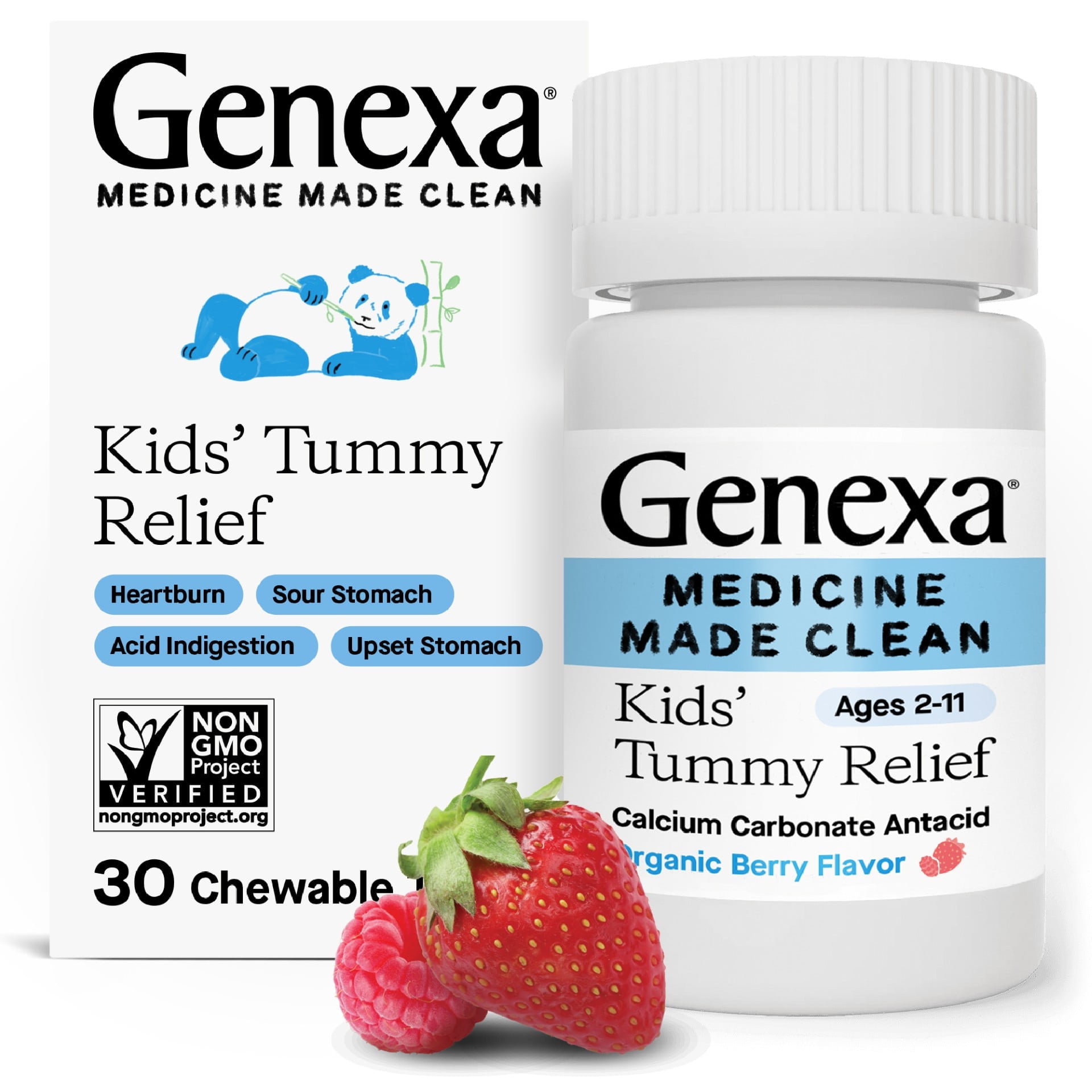 Genexa Kids Clean Tummy Relief Antacid Chewables, Dye Free, 0% Artificial Additives, Children's Tummy Ache Relief, Calcium Carbonate Acid Reducer, Organic Berry Flavor, 30 ct